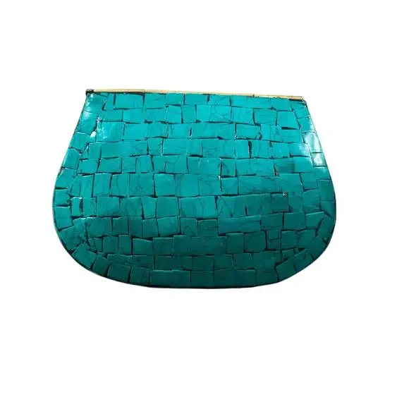Ramla Handmade Moroccan Turquoise Tile Mosaic Clutch Crossbody with Gold Chain - Picture 4 of 9